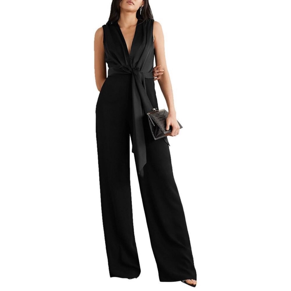 Jonathan Simkhai Black Sleeveless Satin Top & Crepe Wide Leg Jumpsuit Size 0 NWT